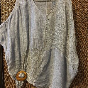 Elegant Light Blue Linen Women's Blouse with Wooden Detail